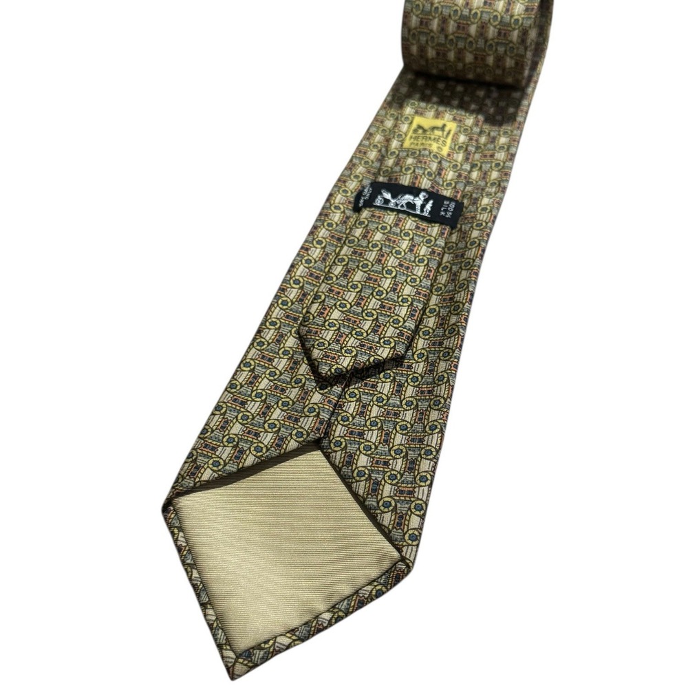 Hermes Men's Tie Geometric Scrolls Green/Yellow/Red Silk 7696 OA 3.5" x 59" euc